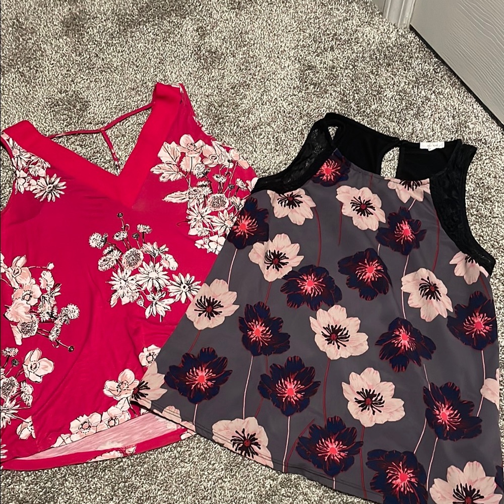Floral Sleeveless Tops - Hot Pink and Gray